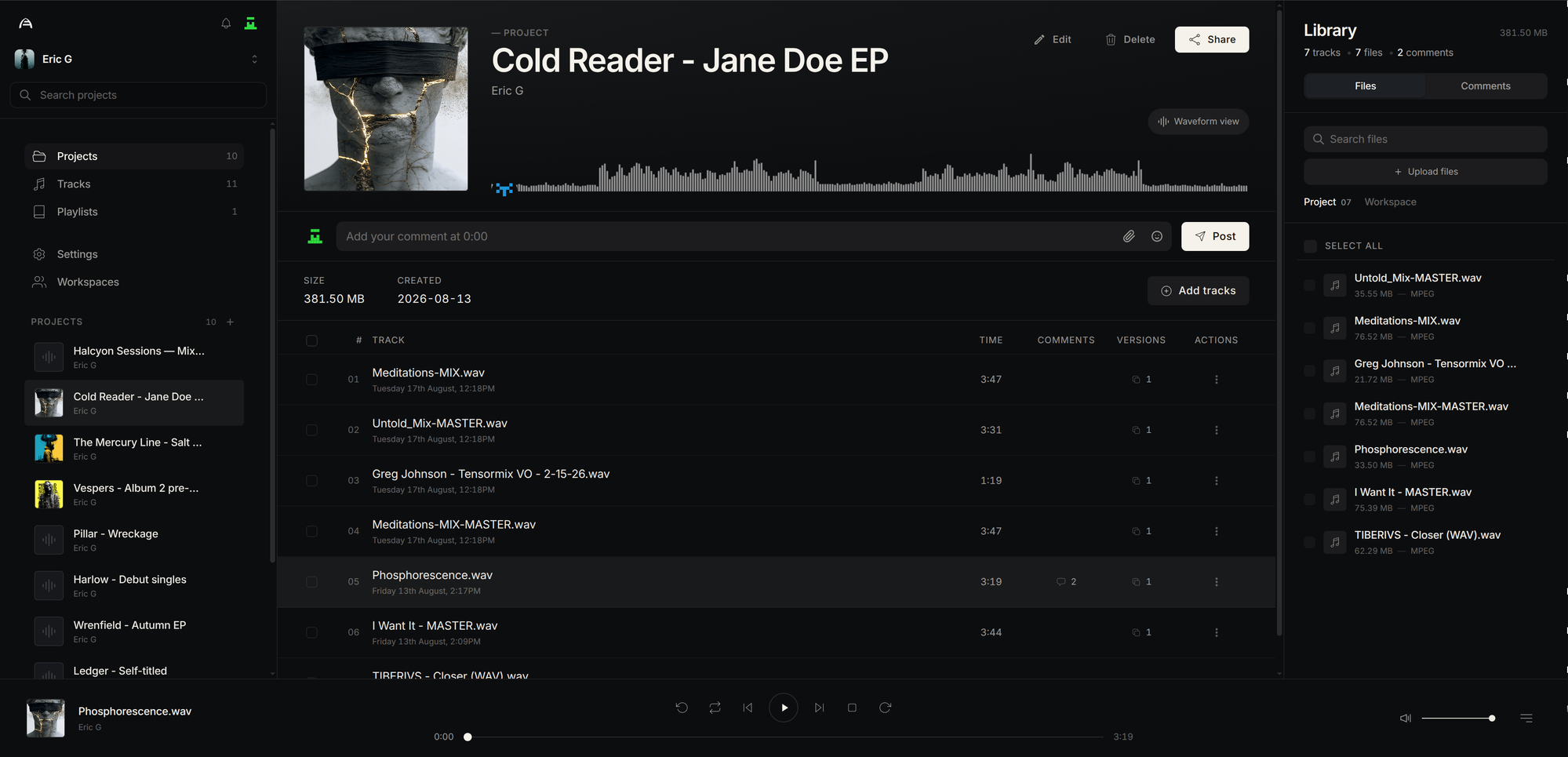 Arktide - project workspace with track list, waveform, and comments